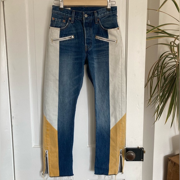 Levi's 501 Premium Denim High Waisted Colorblock Yellow Zip Ankle Jeans - Picture 4 of 4